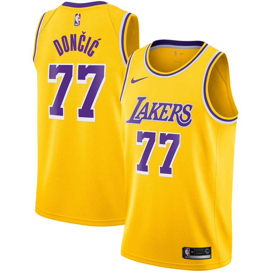 Regata NBA Nike Los Angeles Lakers nº 77 Luka Dončić Masculina - Amarelo+Roxo